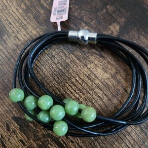 Black Faux Leather Bracelet with Green Beads